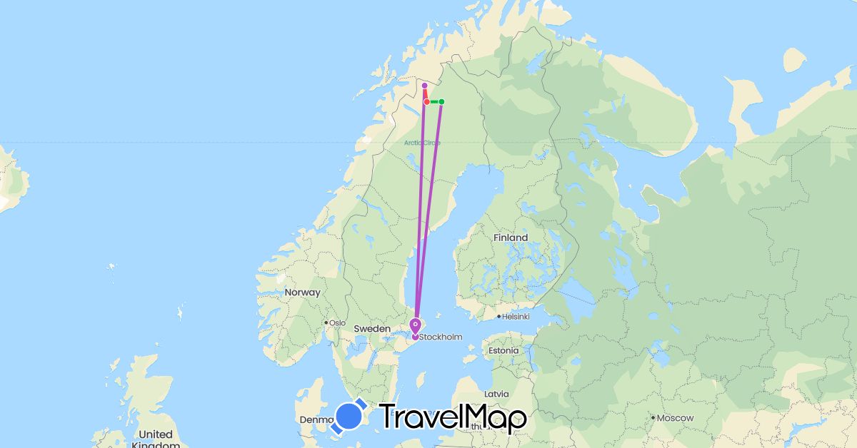 TravelMap itinerary: driving, bus, train, hiking in Sweden (Europe)